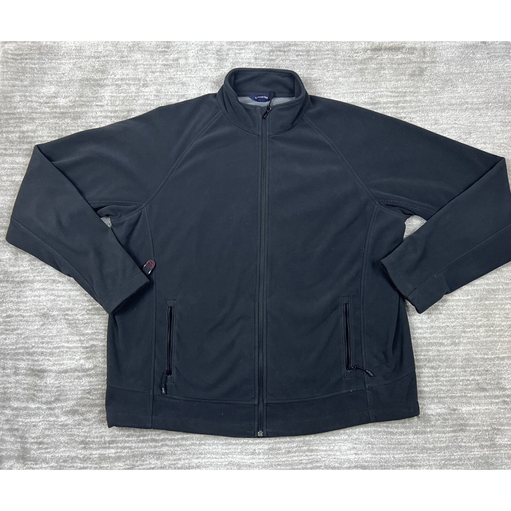 Lands' End Fleece Jacket Mens XL Black Full Zip Mock Neck Raglan Outdoor Cinch